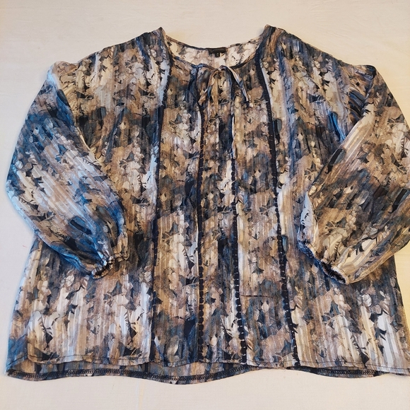 Buckle Boho Peasant Top Multicolor Watercolor Abstract Sheer Puff Sleeve Size M - Picture 3 of 14